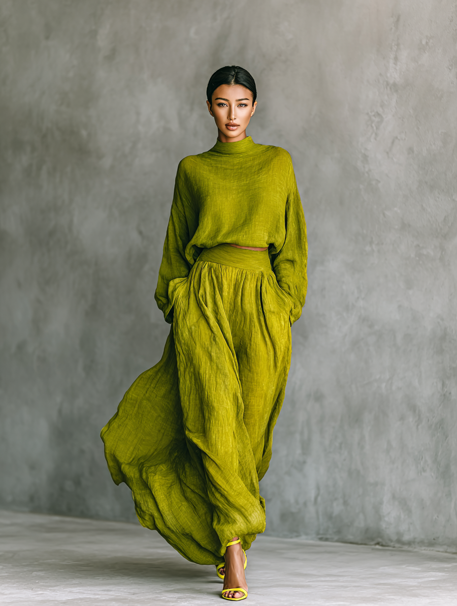 Pilar | Vestido femenino verde en mezcla de algodón y lino