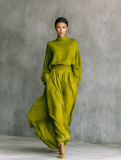Pilar | Vestido femenino verde en mezcla de algodón y lino