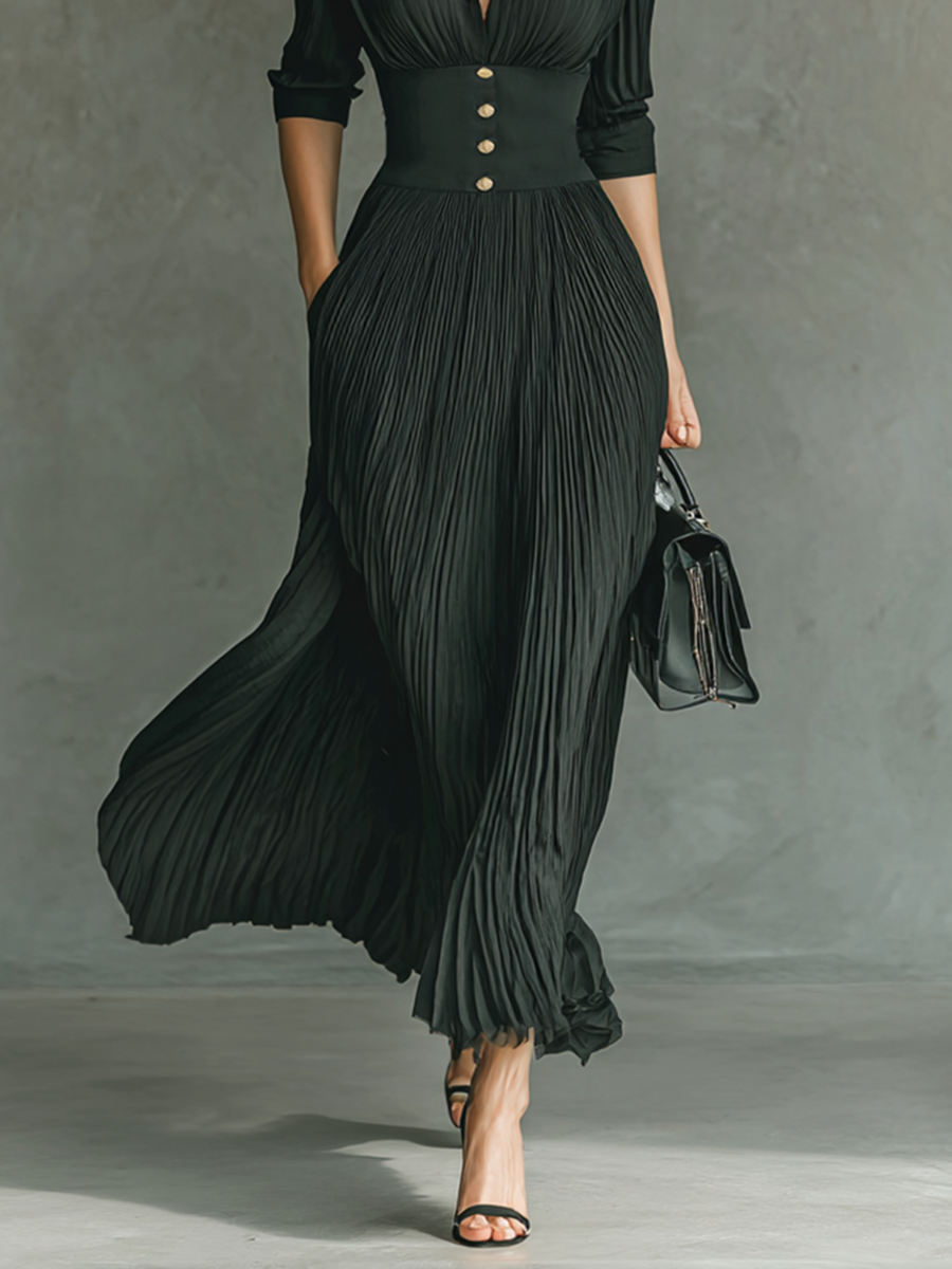 Elvira | Vestido Largo de Manga Larga con Solapas Plisadas