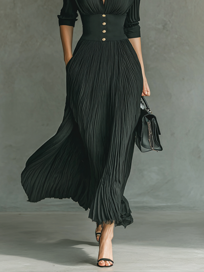 Elvira | Vestido Largo de Manga Larga con Solapas Plisadas