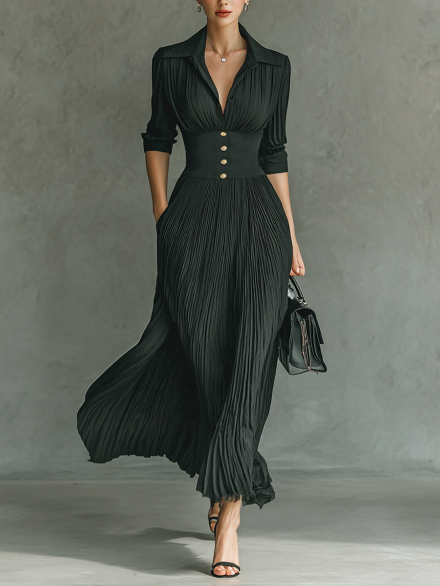 Elvira | Vestido Largo de Manga Larga con Solapas Plisadas