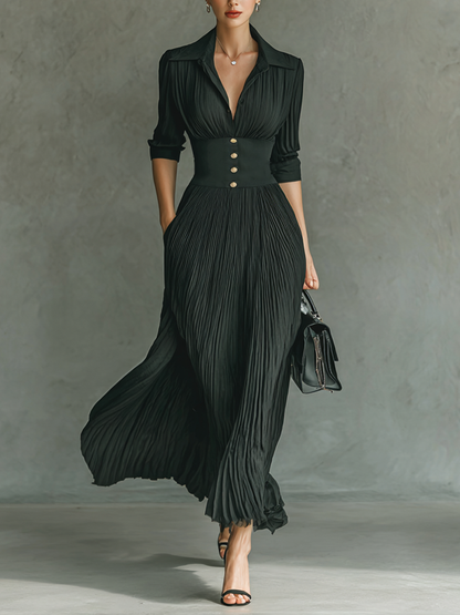 Elvira | Vestido Largo de Manga Larga con Solapas Plisadas
