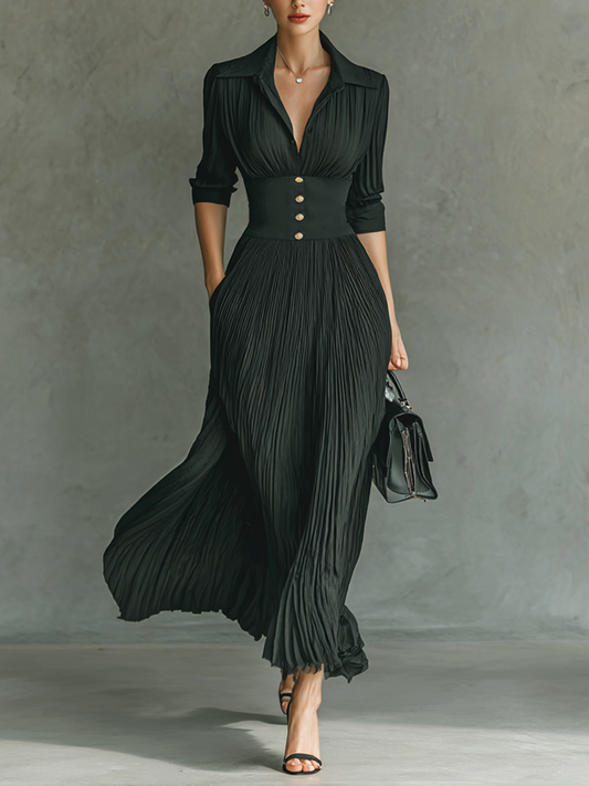 Elvira | Vestido Largo de Manga Larga con Solapas Plisadas