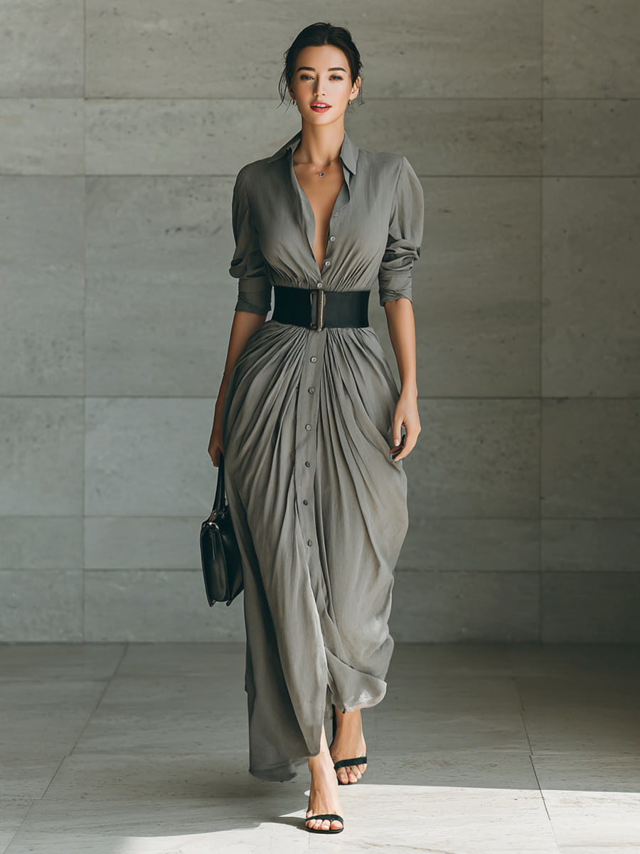 Susana | Vestido Largo con Cuello de Solapa y Mangas Largas