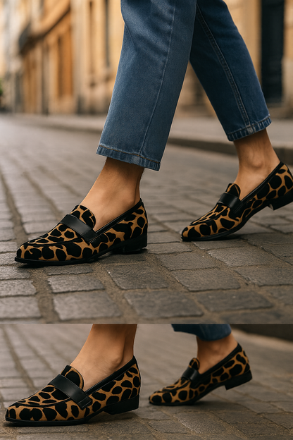 CAMILA – Mocasines de Piel con Estampado Animal y Detalle Negro