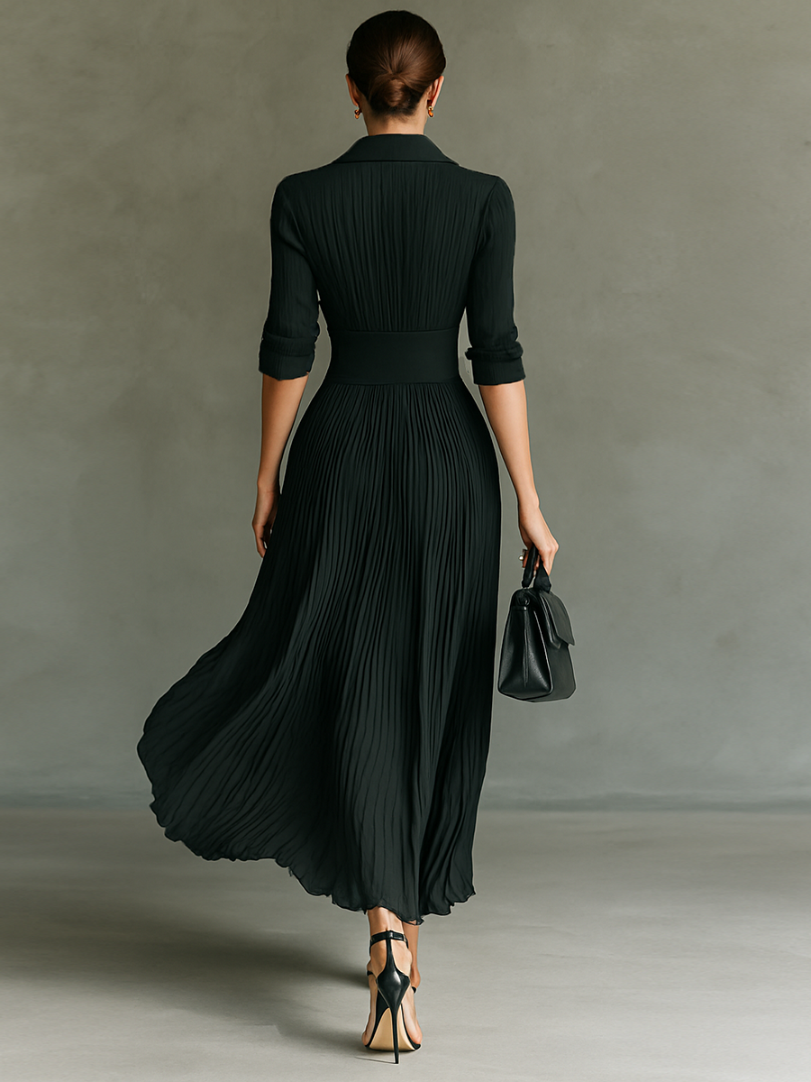 Elvira | Vestido Largo de Manga Larga con Solapas Plisadas
