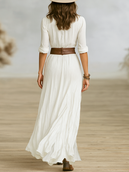Carmen | Maxi Vestido Largo de Lino con Cuello Invertido