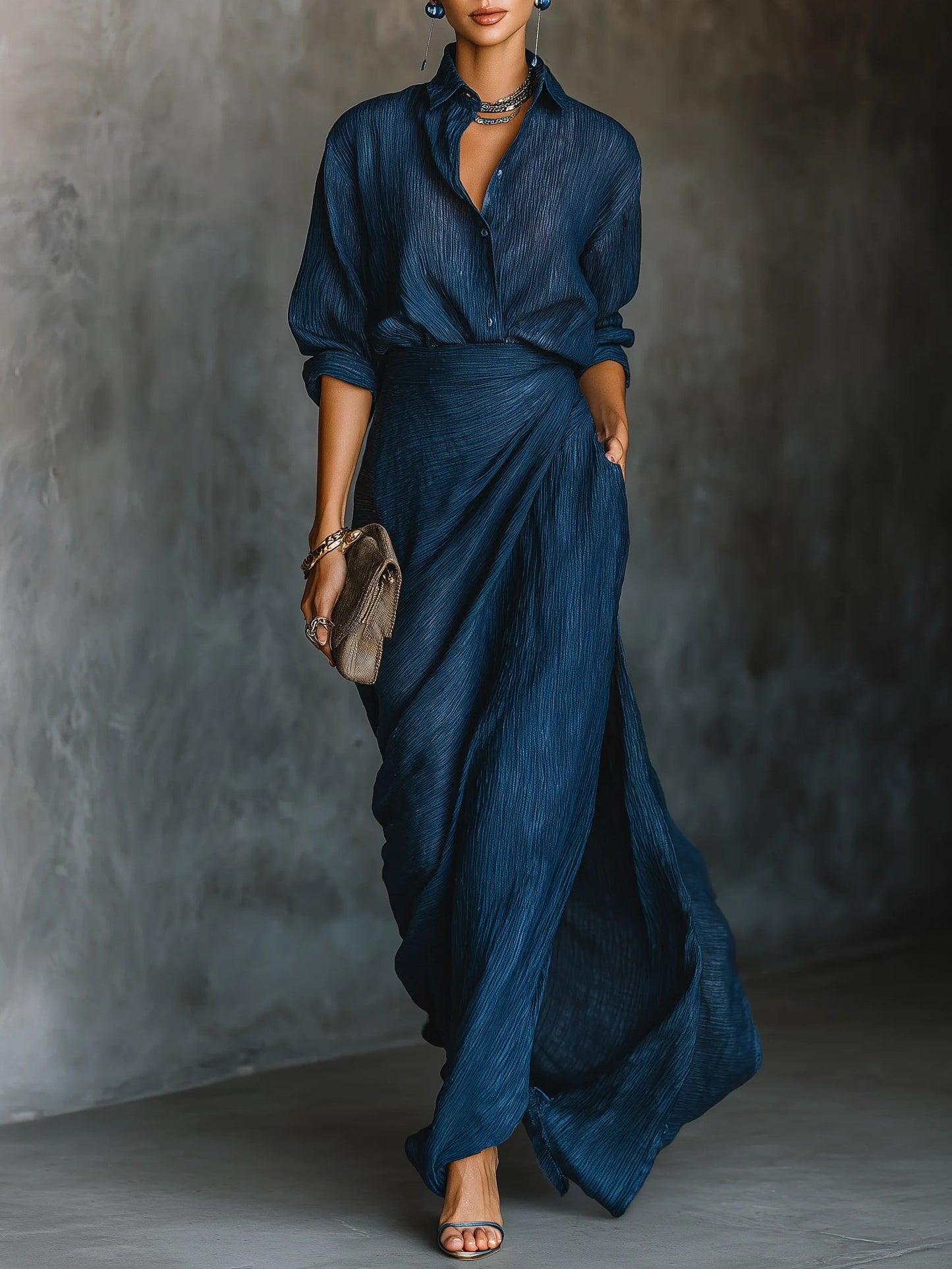 Valeria | Conjunto Elegante de Camisa y Falda Larga en Mezcla de Algodón y Lino Azul Marino