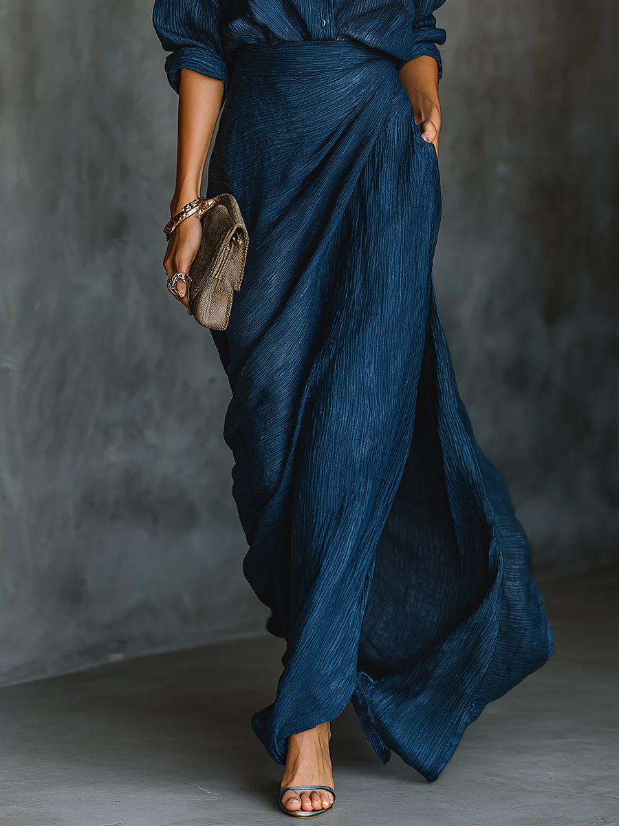 Valeria | Conjunto Elegante de Camisa y Falda Larga en Mezcla de Algodón y Lino Azul Marino