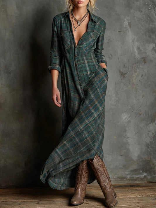 Mari Carmen | Vestido Largo de Cuadros en Verde