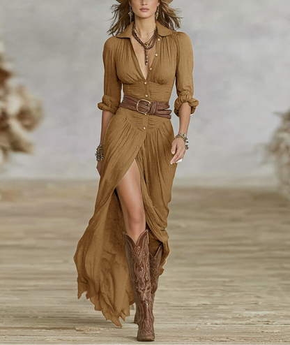 Carmen | Maxi Vestido Largo de Lino con Cuello Invertido