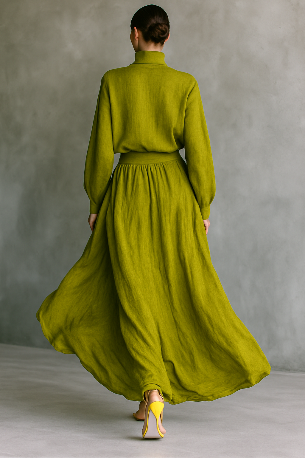 Pilar | Vestido femenino verde en mezcla de algodón y lino