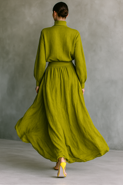 Pilar | Vestido femenino verde en mezcla de algodón y lino